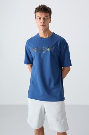 تی شرت آبی مردانه اورسایز یقه گرد پنبه - پلی استر تکی جوان کد 812518670