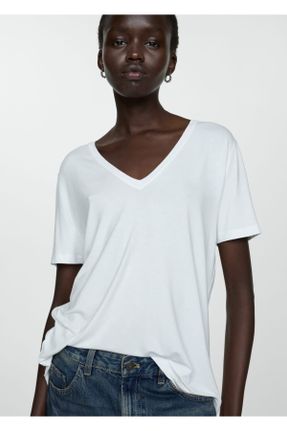 تی شرت سفید زنانه رگولار یقه هفت کد 831980709