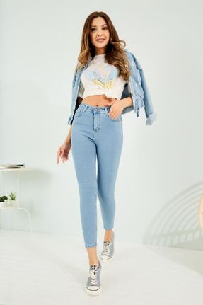 شلوار جین آبی زنانه پاچه تنگ فاق بلند جین ساده کد 734913837