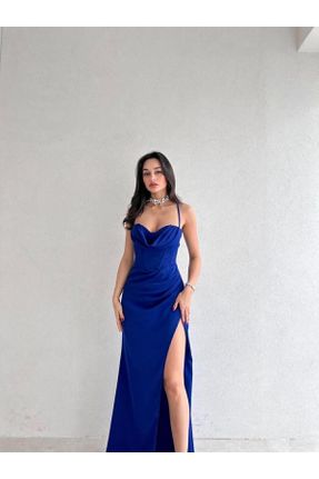 لباس مجلسی آبی زنانه پلی استر آستین استاندارد رگولار یقه هفت آستر دار کد 747861160