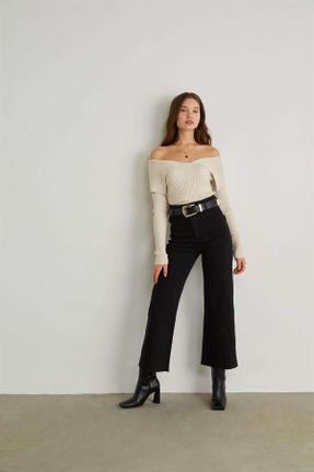 شلوار جین طوسی زنانه پاچه راحت فاق بلند بلند کد 96007749
