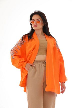 کیمونو و کافتان نارنجی زنانه کتان Dadali - کد 839314623