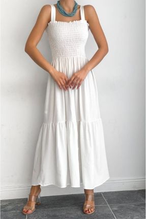 لباس سفید زنانه بافت بافت طرح گلدار رگولار بند دار کد 335108059