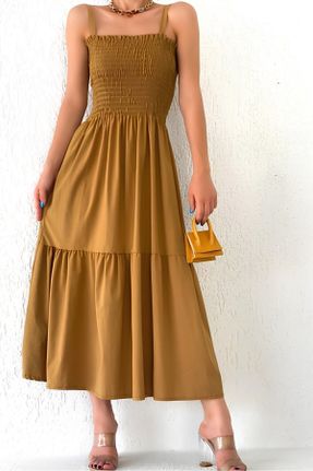 لباس بژ زنانه بافت بافت طرح گلدار رگولار بند دار کد 835735551