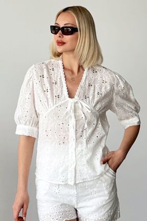 پیراهن سفید زنانه رگولار یقه هفت پنبه - پلی استر کد 824495721