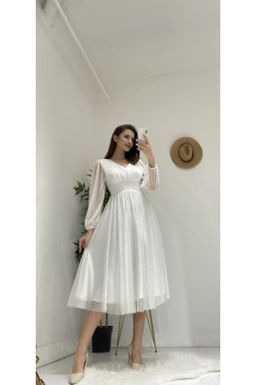 لباس مجلسی سفید زنانه تور آستین استاندارد رگولار یقه هفت آستر دار کد 673868256