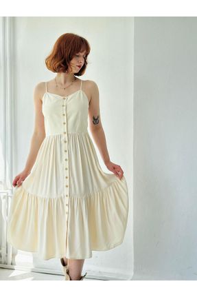 لباس بژ زنانه بافتنی پنبه - پلی استر طرح گلدار رگولار بند دار کد 830509317