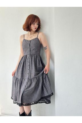 لباس طوسی زنانه بافتنی پنبه - پلی استر طرح گلدار رگولار بند دار کد 830505576