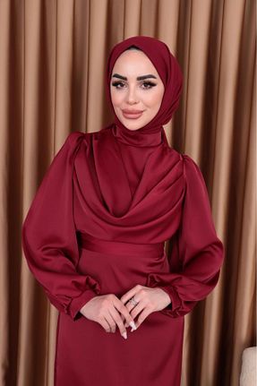 لباس مجلسی حجاب زرشکی زنانه یقه ایستاده Genel Markalar - کد 841494790