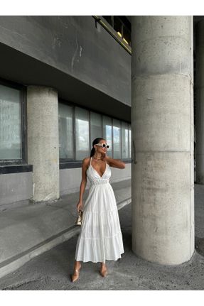 لباس سفید زنانه بافتنی پنبه - پلی استر بند دار کد 832755900