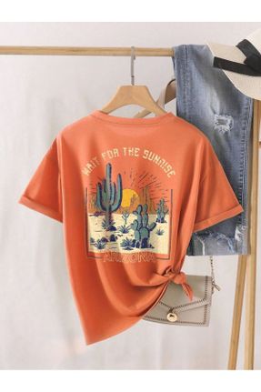 تی شرت نارنجی زنانه اورسایز یقه گرد پنبه - پلی استر کد 824194372