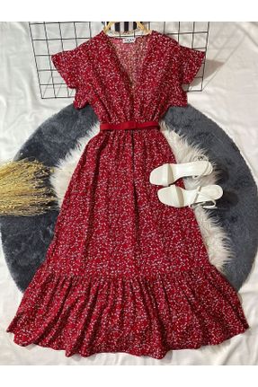 لباس قرمز زنانه بافتنی پنبه (نخی) طرح گلدار A-line آستین-کوتاه بیسیک کد 308652221