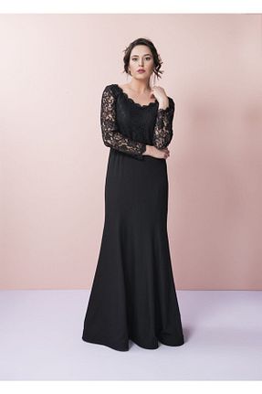 لباس مجلسی سایز بزرگ مشکی زنانه یقه قایقی Even Plus Size - Büyük Beden Kadın Giyim - کد 104797277