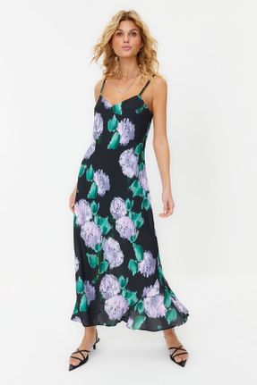 لباس مشکی زنانه بافتنی پلی استر طرح گلدار ریلکس بند دار بیسیک کد 840385967