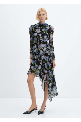 لباس مشکی زنانه بافت پلی استر طرح گلدار رگولار آستین-بلند کد 807591382