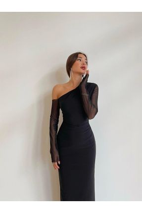 لباس مجلسی مشکی زنانه تور آستین استاندارد اسلیم فیت یقه آسیمتریک آستر دار کد 841393159