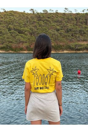 تی شرت زرد زنانه رگولار یقه خدمه پنبه (نخی) تکی کد 827608661