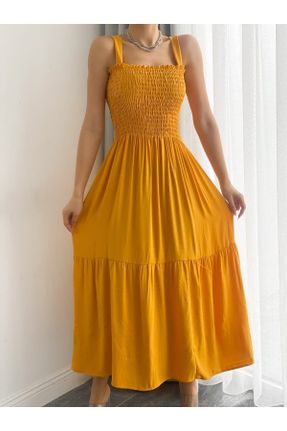 لباس زرد زنانه بافت پنبه - پلی استر رگولار بند دار کد 283193024