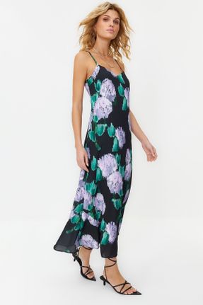 لباس مشکی زنانه بافتنی پلی استر طرح گلدار ریلکس بند دار بیسیک کد 840385967