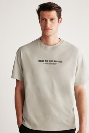 تی شرت طوسی مردانه اورسایز یقه گرد تکی جوان کد 694928053