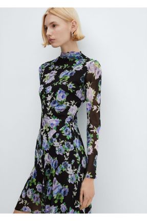 لباس مشکی زنانه بافت پلی استر طرح گلدار رگولار آستین-بلند کد 807591382