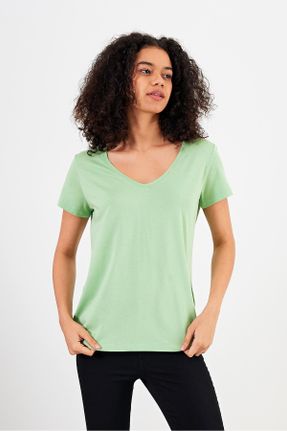 تی شرت سبز زنانه یقه هفت مودال- پنبه تکی بیسیک کد 816527177