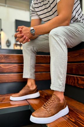 کفش اسنیکر قهوه ای مردانه بند دار چرم مصنوعی کد 841600601