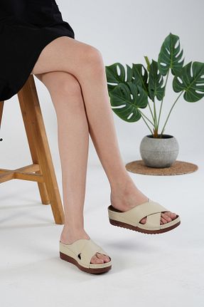 دمپائی بژ زنانه چرم مصنوعی MİRA TERLİK ORTOPEDİK TERLİK VE AYAKKABI - کد 841642563