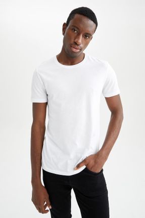 تی شرت سفید مردانه اسلیم فیت یقه گرد پنبه (نخی) تکی بیسیک کد 205329661