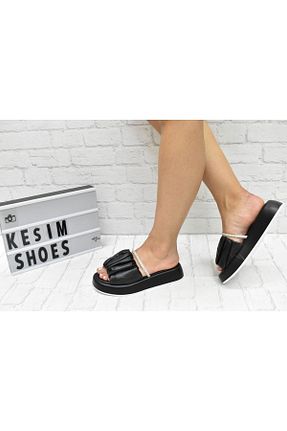 دمپائی مشکی زنانه چرم خالص Kesim Shoes - کد 746390262
