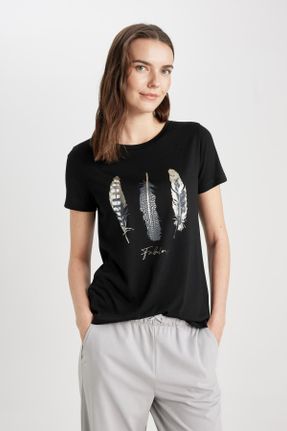تی شرت مشکی زنانه رگولار یقه گرد تکی بیسیک کد 807193517
