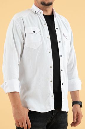 پیراهن سفید مردانه اسلیم فیت یقه دکمه دار پنبه (نخی) کد 262029699