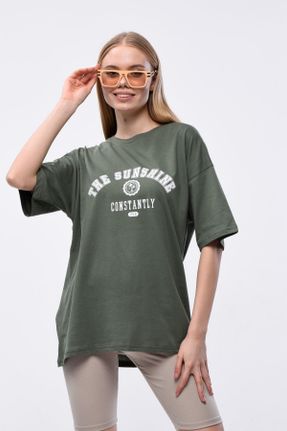 تی شرت سبز زنانه اورسایز یقه گرد پنبه (نخی) تکی بیسیک کد 679478815