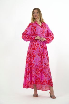 لباس قرمز زنانه پنبه (نخی) اورسایز آستین-بلند بیسیک کد 804781473