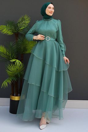 لباس مجلسی حجاب سبز زنانه یقه ایستاده giz astore - کد 841782344