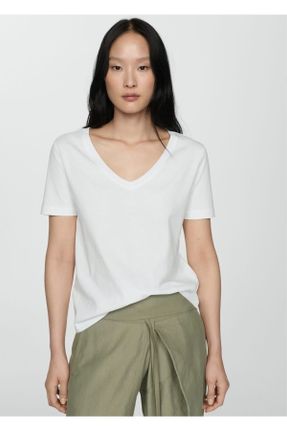 تی شرت سفید زنانه رگولار یقه هفت کد 830513778