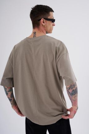 تی شرت خاکی مردانه اورسایز یقه گرد پنبه (نخی) تکی کد 731750377