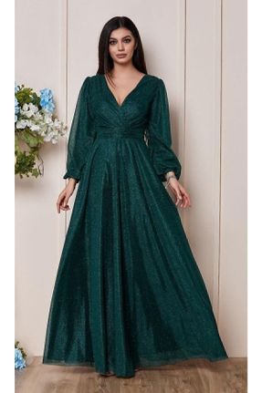 لباس مجلسی سایز بزرگ سبز زنانه یقه دوبل تور سایز بزرگ آستین بلند کد 370544662