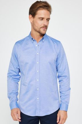 پیراهن آبی مردانه اسلیم فیت یقه دکمه دار پنبه - پلی استر کد 823713802
