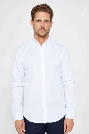 پیراهن سفید مردانه اسلیم فیت یقه دکمه دار پنبه - پلی استر کد 823707153