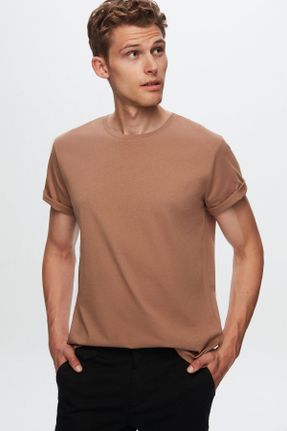 تی شرت قهوه ای مردانه اسلیم فیت یقه گرد تکی بیسیک کد 68584623