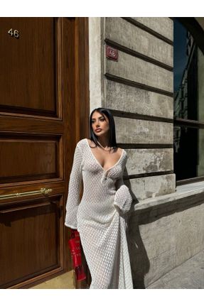 لباس سفید زنانه تریکو پنبه (نخی) راحت آستین-بلند کد 828148000