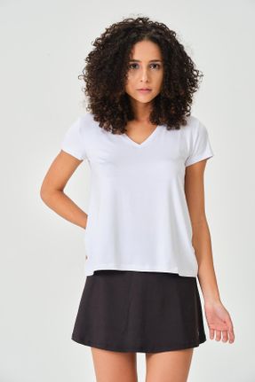 تی شرت سفید زنانه رگولار یقه هفت مخلوط ویسکون تکی کد 336617520