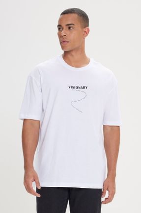 تی شرت سفید مردانه رگولار یقه گرد تکی کد 762262751