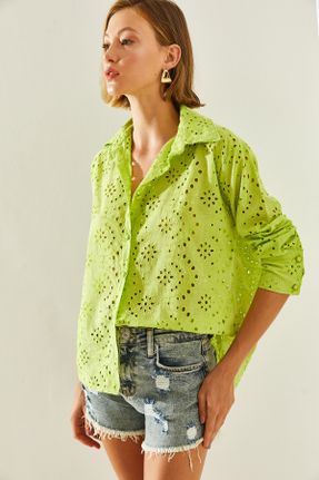 پیراهن سبز زنانه رگولار یقه پیراهنی پنبه - پلی استر کد 841917160