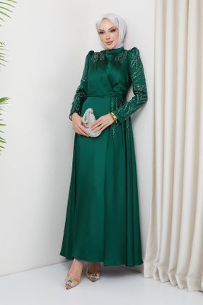 لباس مجلسی سبز زنانه یقه گرد پلی استر آستین استاندارد رگولار کد 823101409