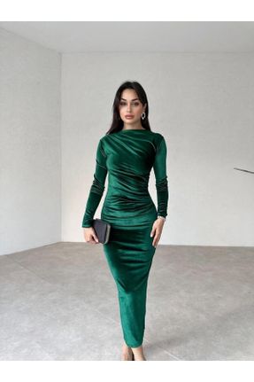 لباس مجلسی سبز زنانه مخملی اسلیم فیت یقه گرد بدون آستر کد 783731872