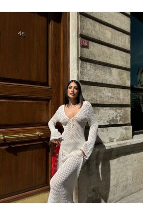 لباس سفید زنانه تریکو پنبه (نخی) راحت آستین-بلند کد 828148000