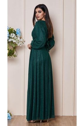 لباس مجلسی سایز بزرگ سبز زنانه یقه دوبل تور سایز بزرگ آستین بلند کد 370544662