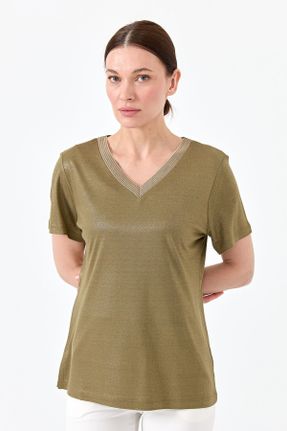 تی شرت خاکی زنانه رگولار یقه هفت ویسکون تکی کد 669768245